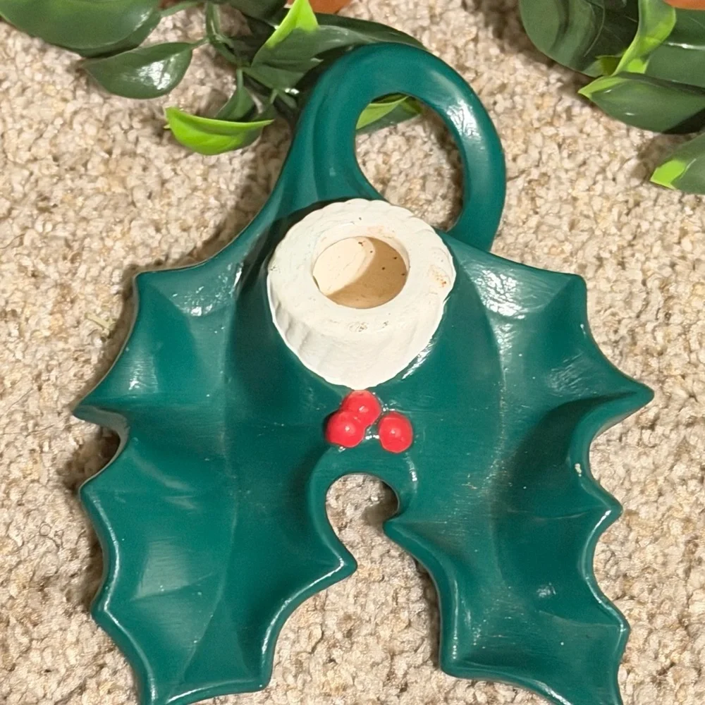 Vintage Holland Mold  Green Holly Leaf Candle Holder